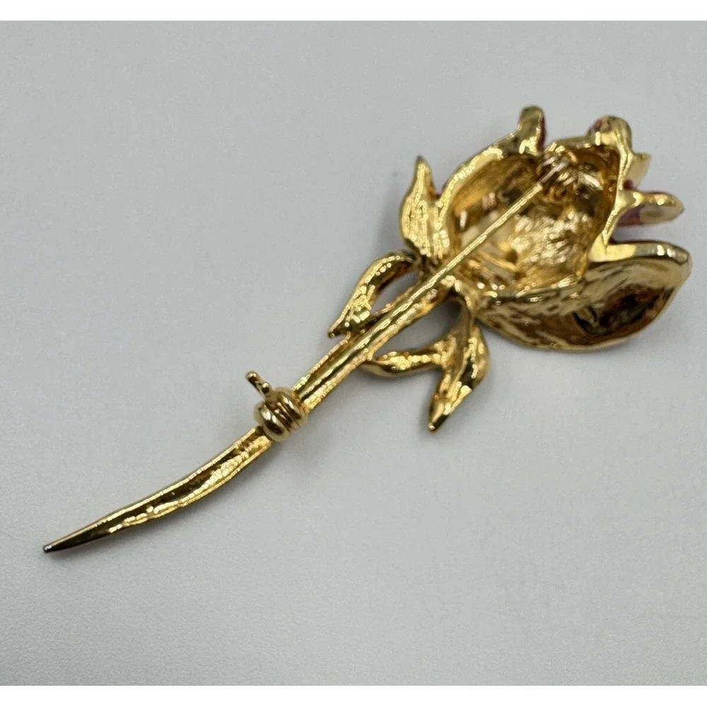 Gold Tone Single‎ Red Rose Sparkling Rhinestone Flower Brooch Valentines Day Pin